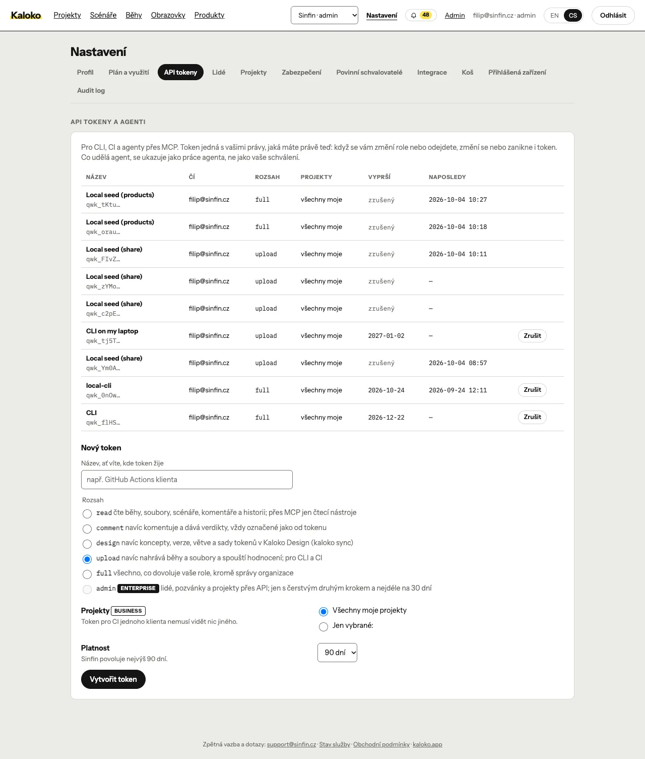 API tokeny v Nastavení