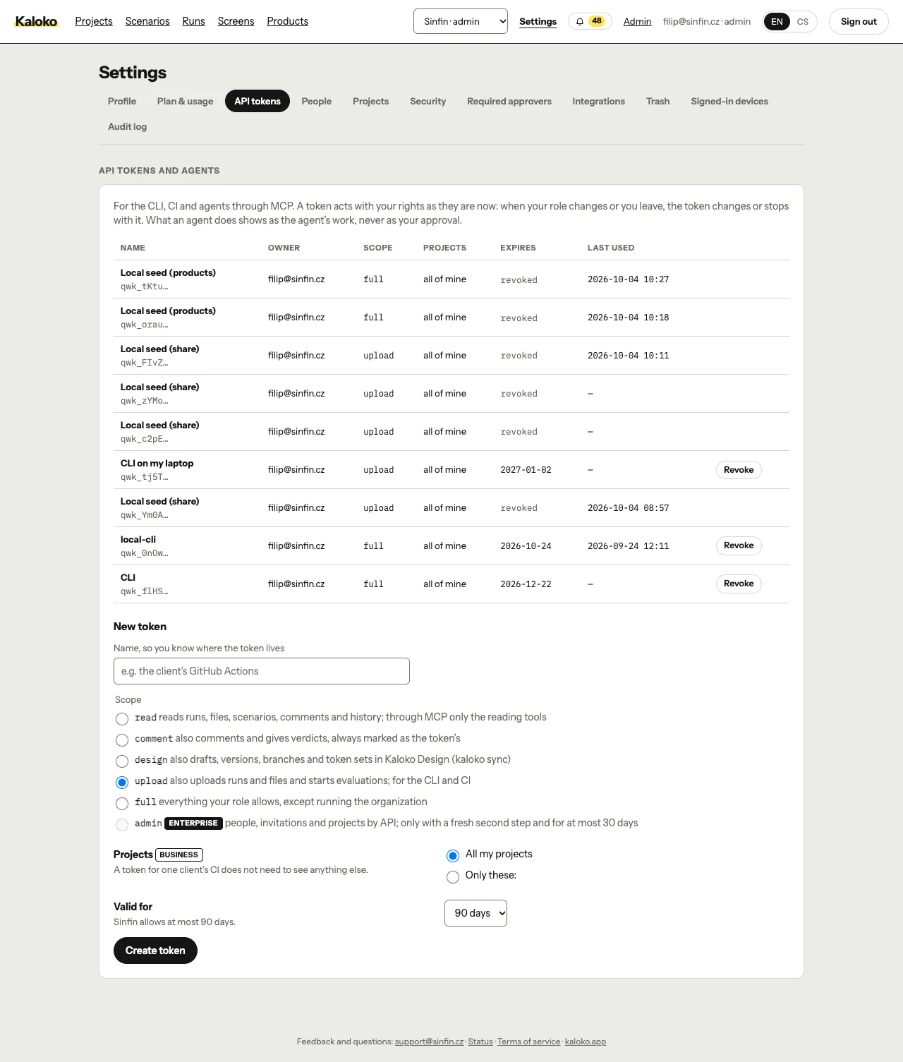API tokens in Settings